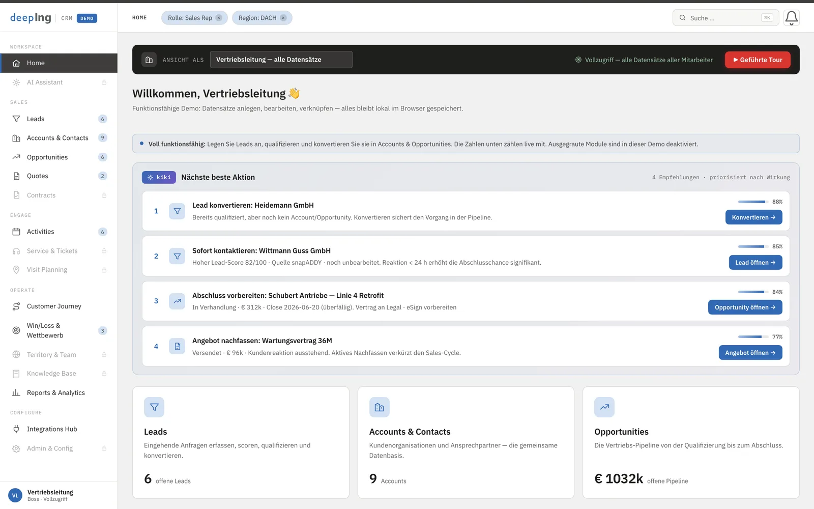CRM-Cockpit mit Leads, Pipeline und KI-Empfehlungen